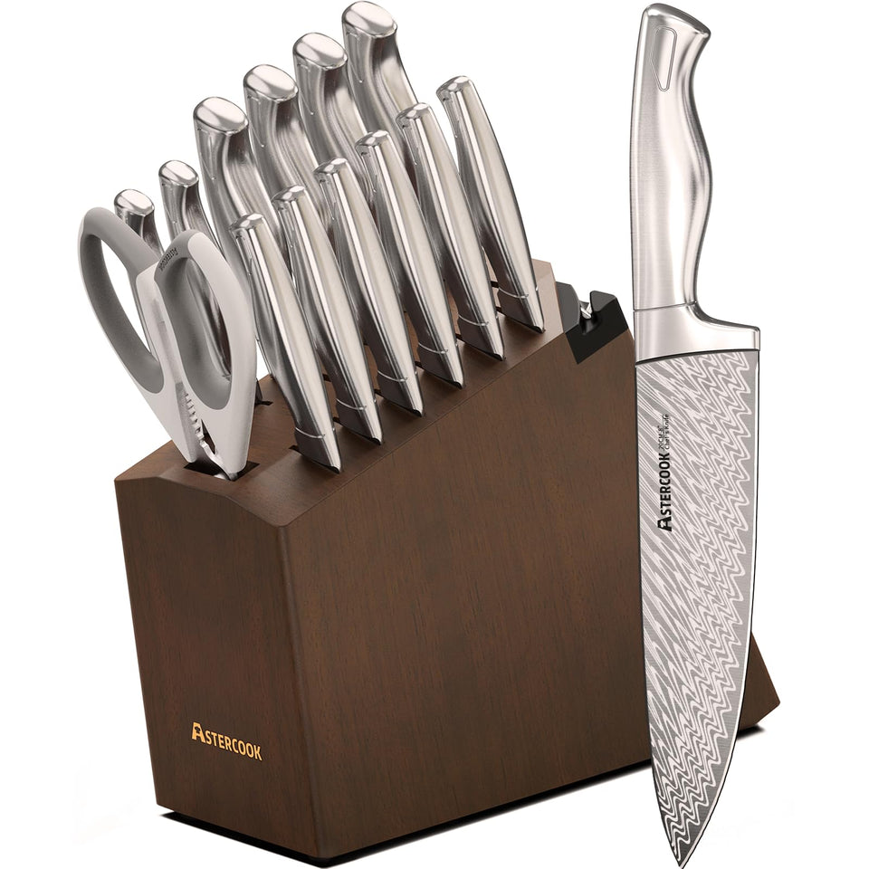 Astercook knife set displayed with wooden block and built-in sharpener for edge maintenance.