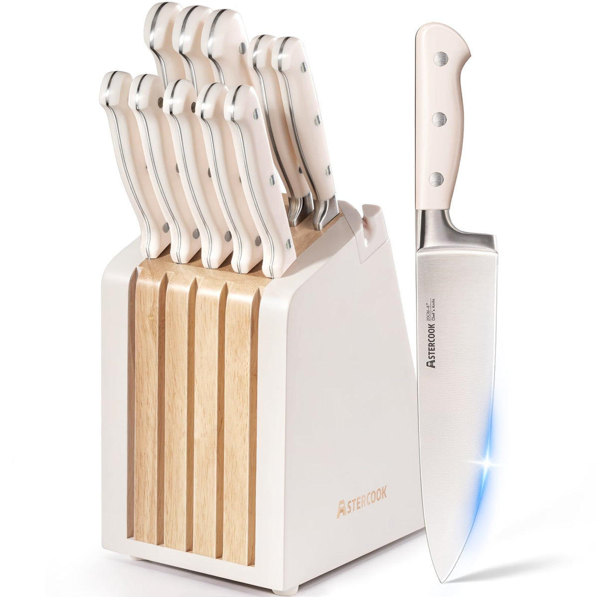 Astercook knife block with built-in sharpener for easy edge maintenance.