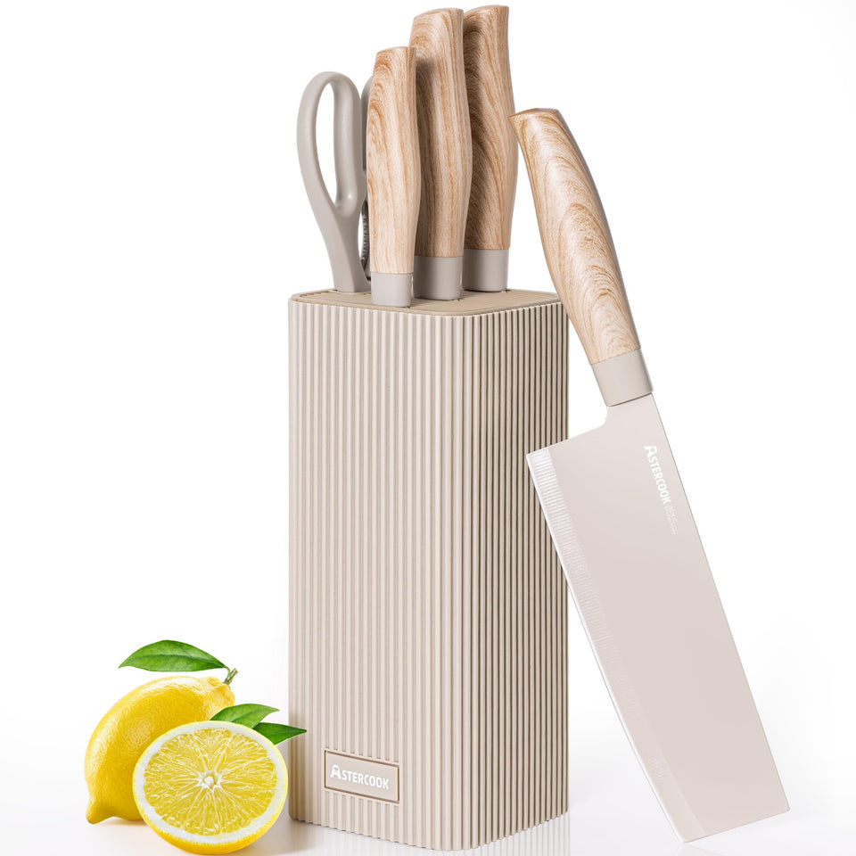 Astercook knife set block on countertop showcasing khaki design for clutter-free storage.