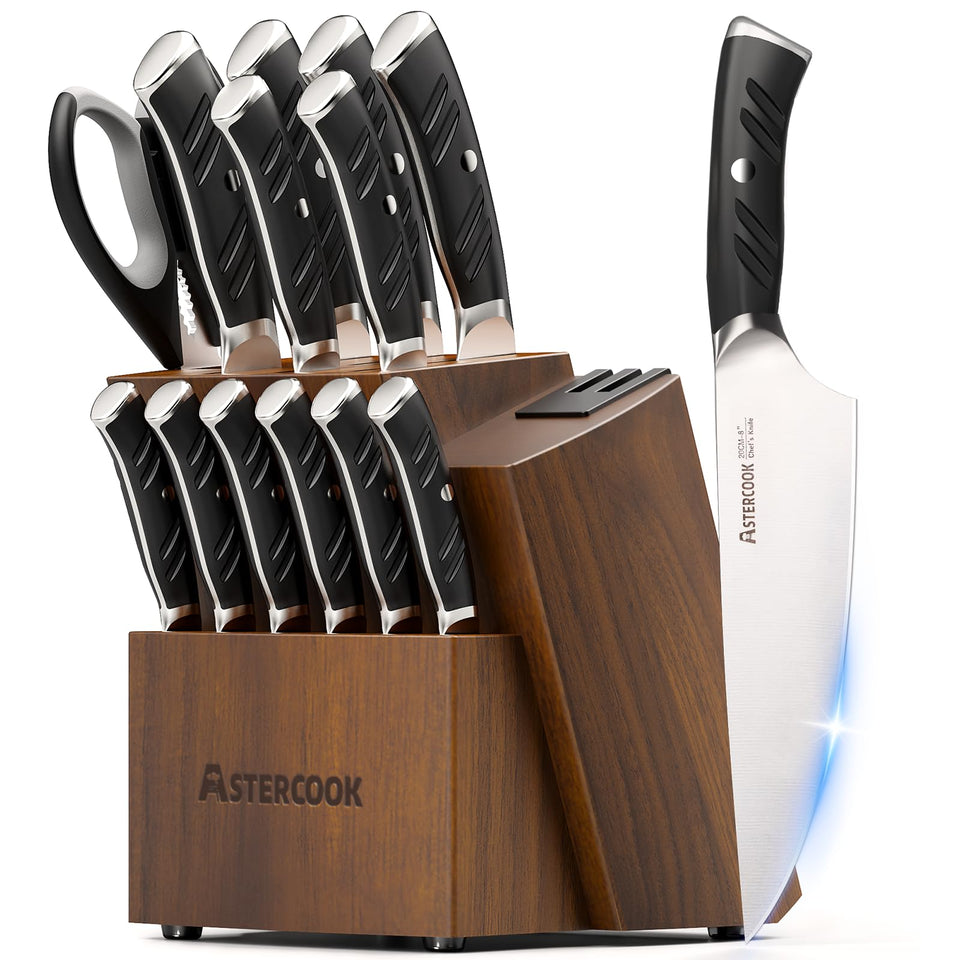 Astercook knife set with block and dual sharpener for easy daily prep.