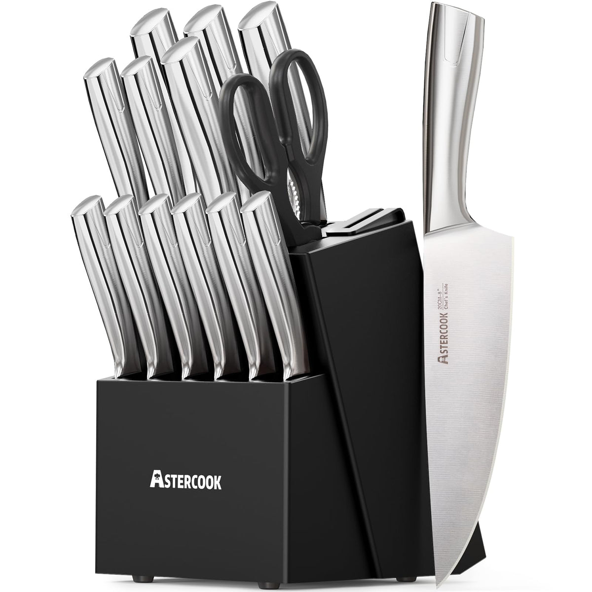 Astercook knife-set block with sharpener on kitchen counter for organized prep