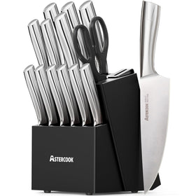 Astercook knife-set block with sharpener on kitchen counter for organized prep