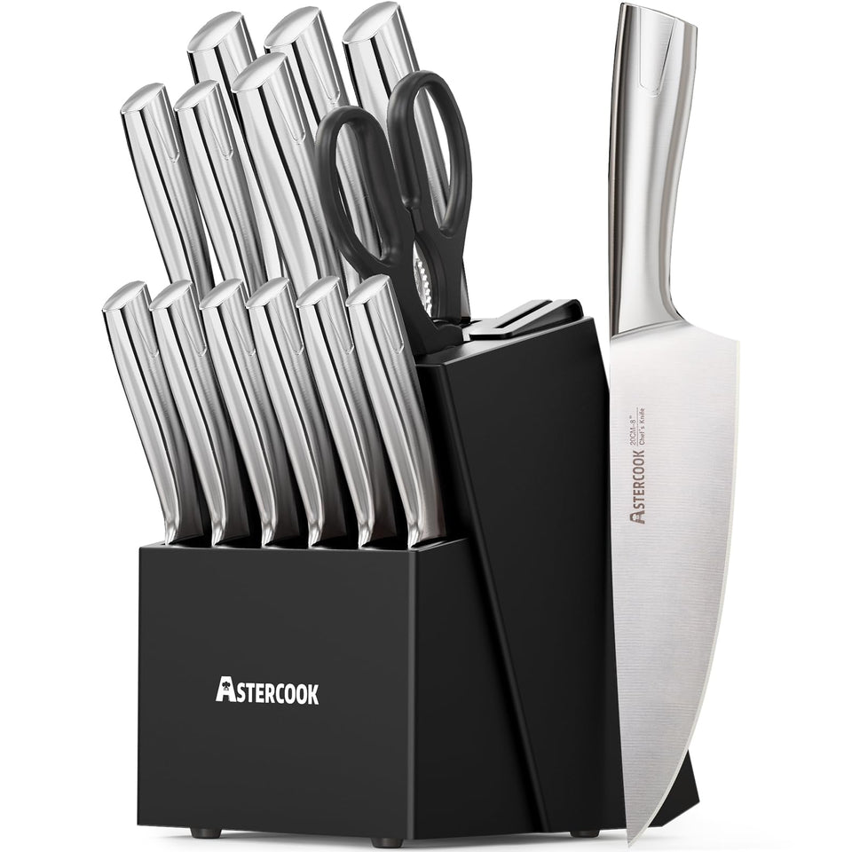 Astercook knife-set block with sharpener on kitchen counter for organized prep