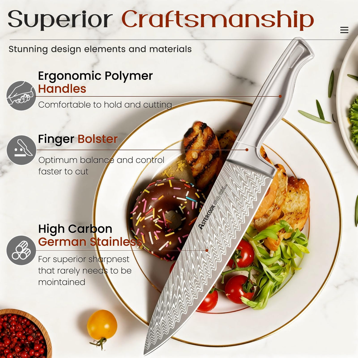Astercook eight-inch serrated bread knife on the block for clean cuts.