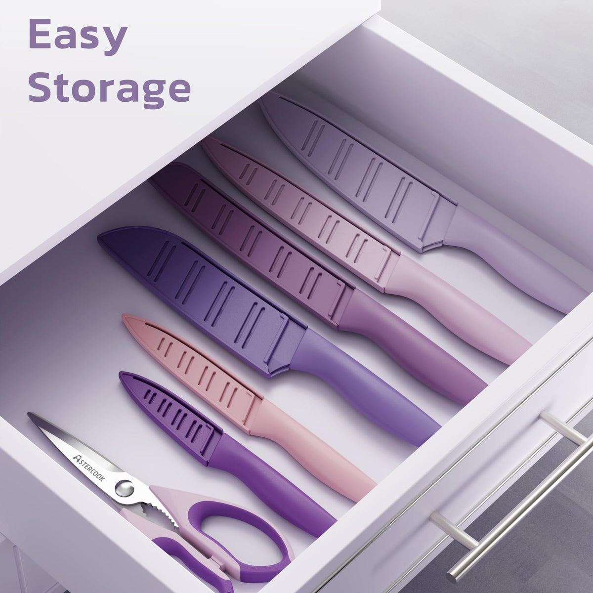 Astercook knife set kitchen shears for quick snips and openings.