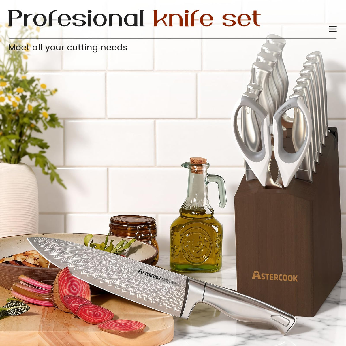 Astercook three-and-a-half-inch paring knife on block for fine peeling.