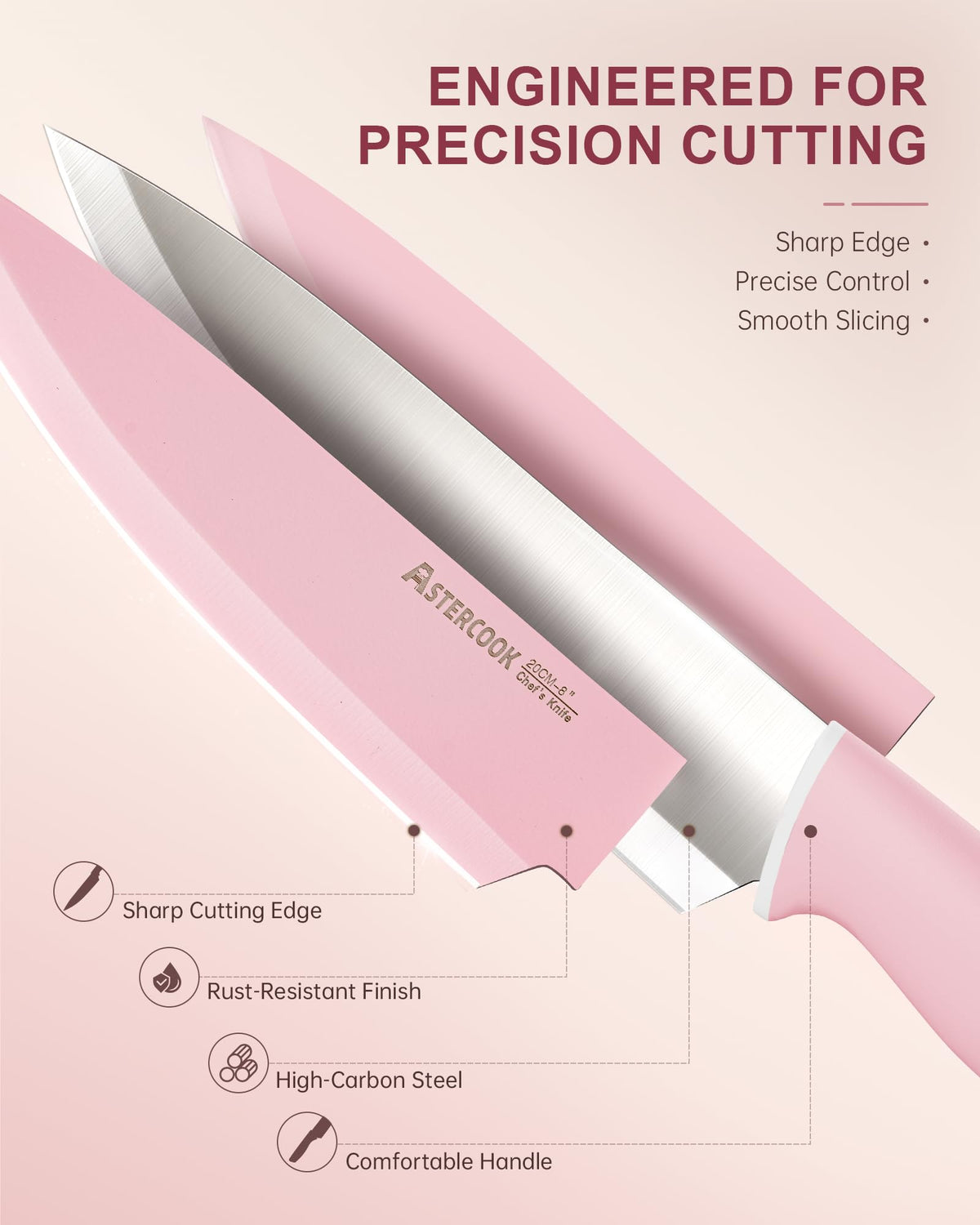 Astercook pink-handled knives offer ergonomic comfort during prep