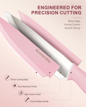 Astercook pink-handled knives offer ergonomic comfort during prep