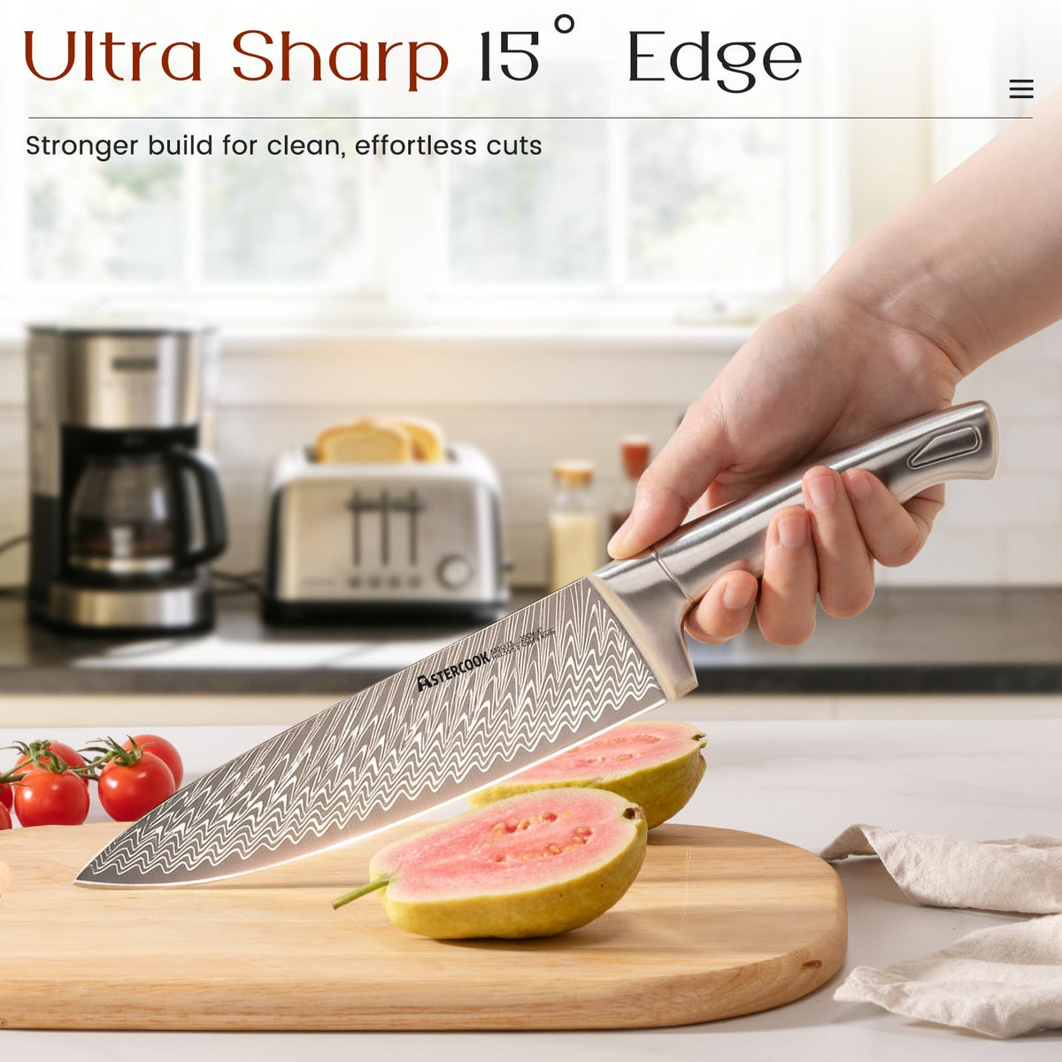 Astercook seven-inch Santoku knife on the block for versatile prep.
