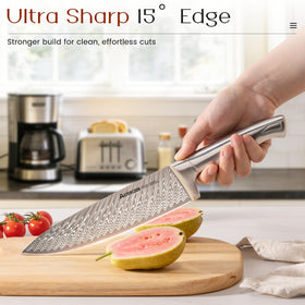 Astercook seven-inch Santoku knife on the block for versatile prep.