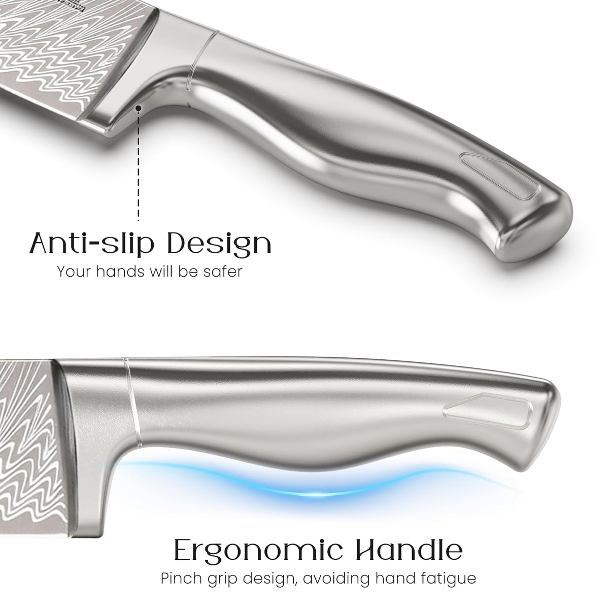 Astercook six serrated 4.5-inch steak knives arranged on block.
