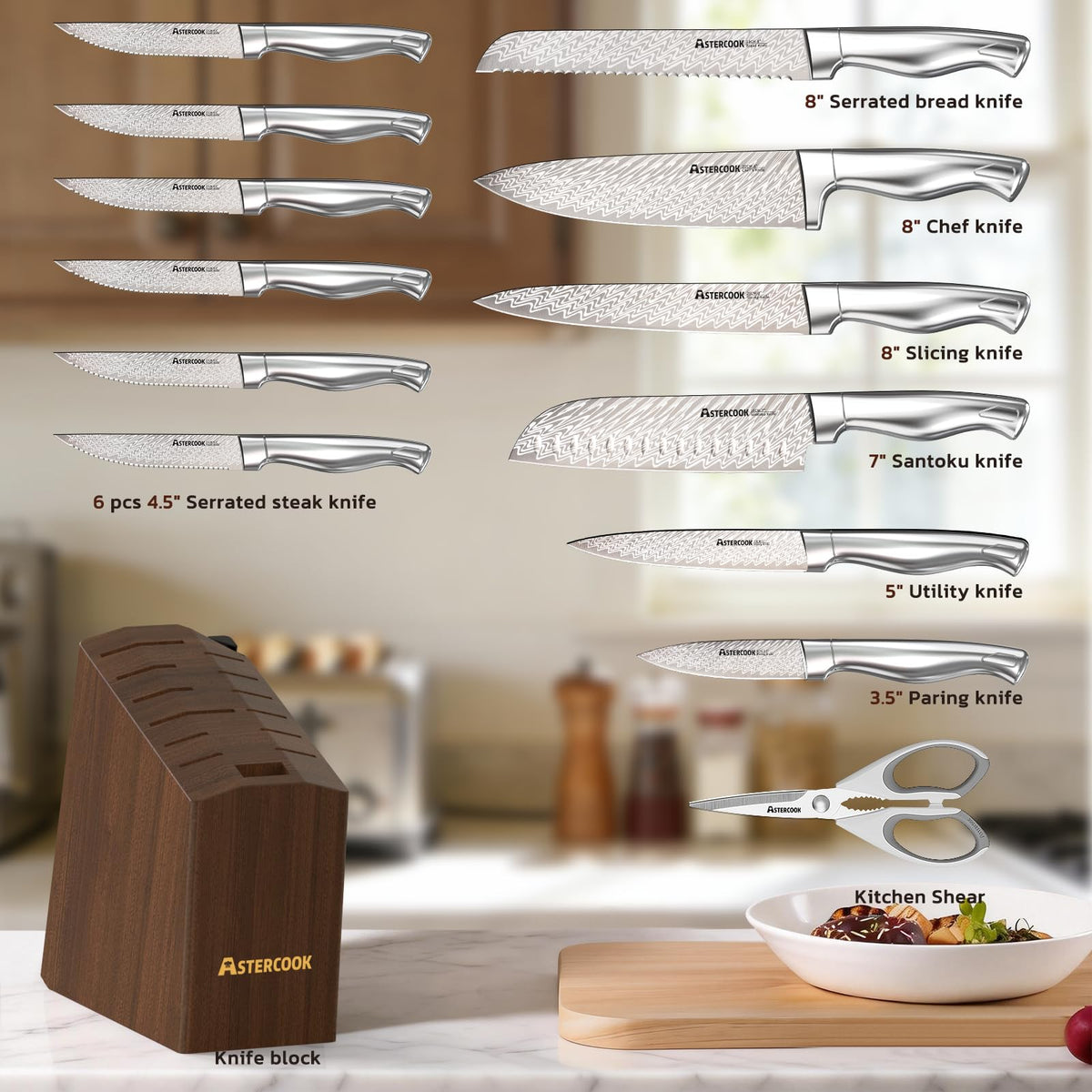 Astercook eight-inch slicing knife shown on the block for even slices.