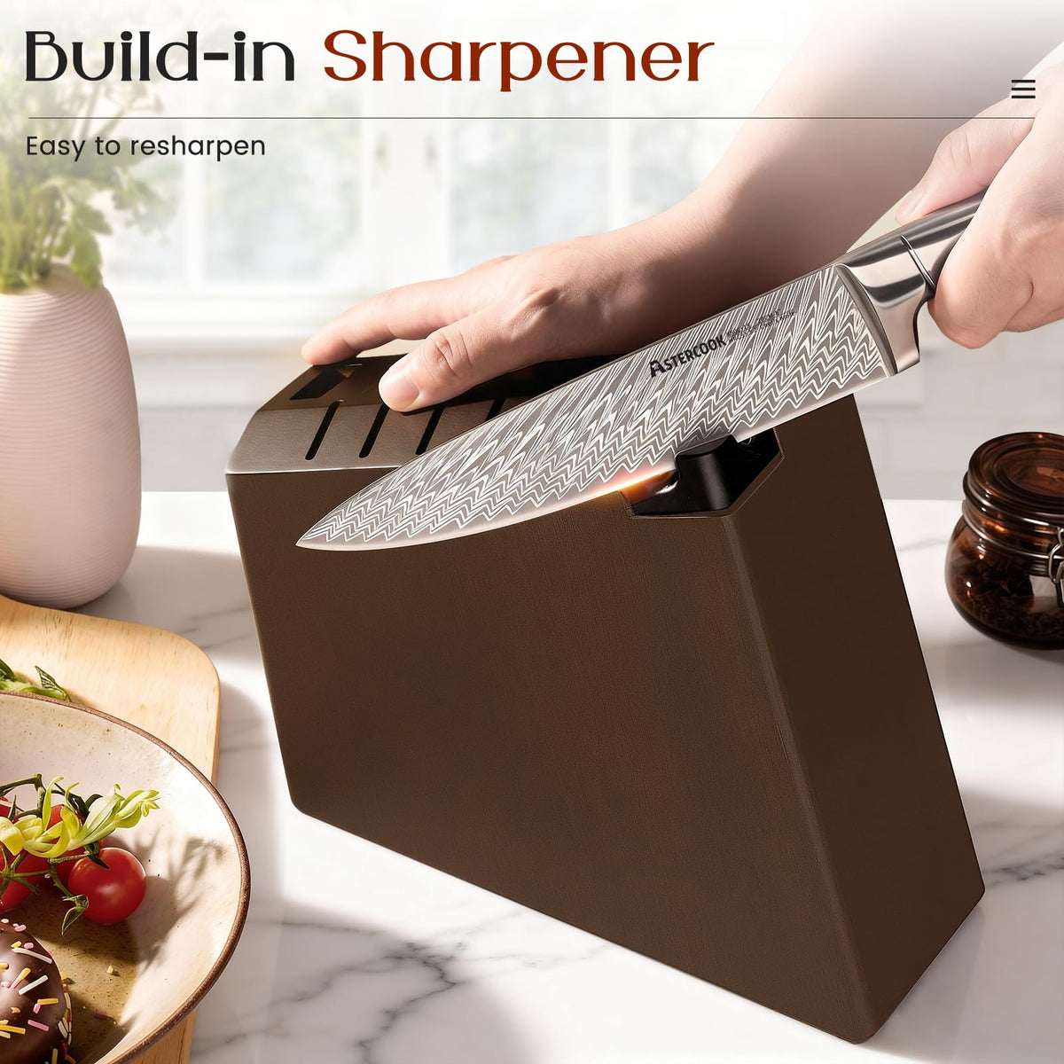 Astercook five-inch utility knife in block for quick prep tasks.