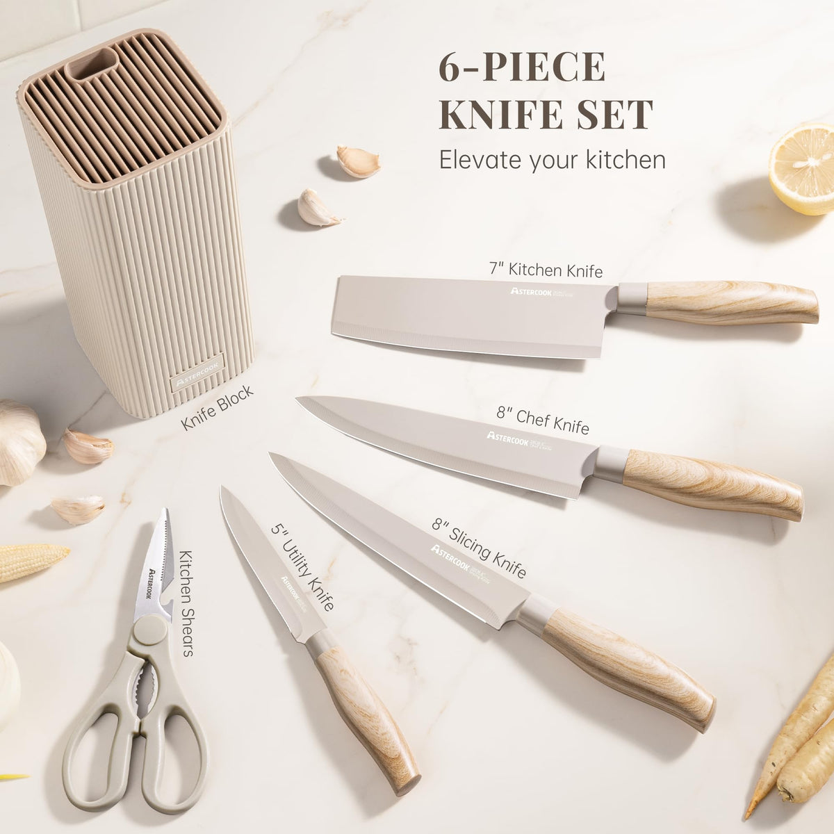 Astercook wood-grain handles close-up highlighting ergonomic grip for comfortable slicing.