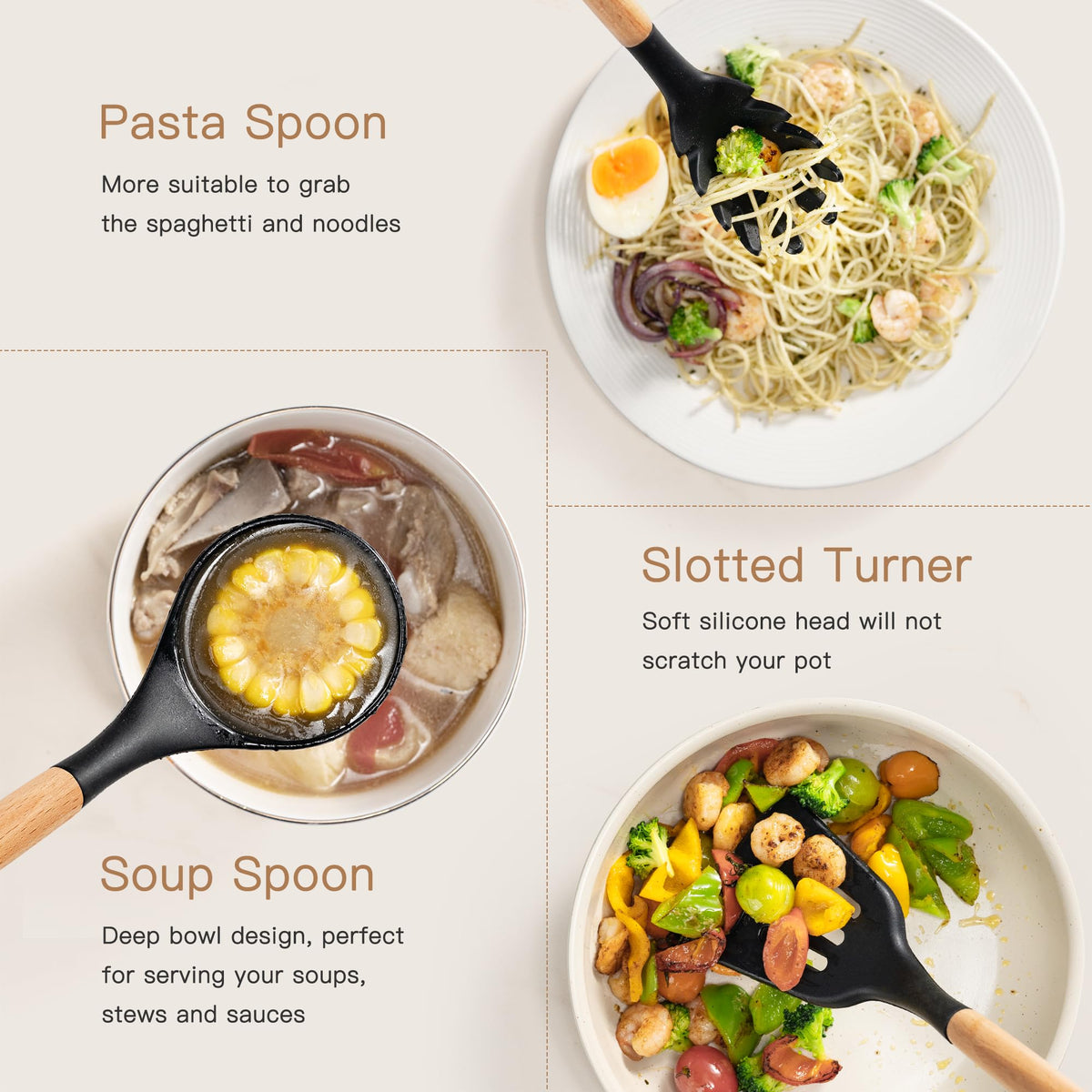 Astercook soft silicone heads protect non-stick cookware during use.