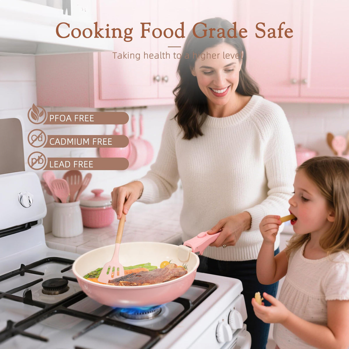 Astercook pink ceramic cookware adds style with smooth, durable surfaces.
