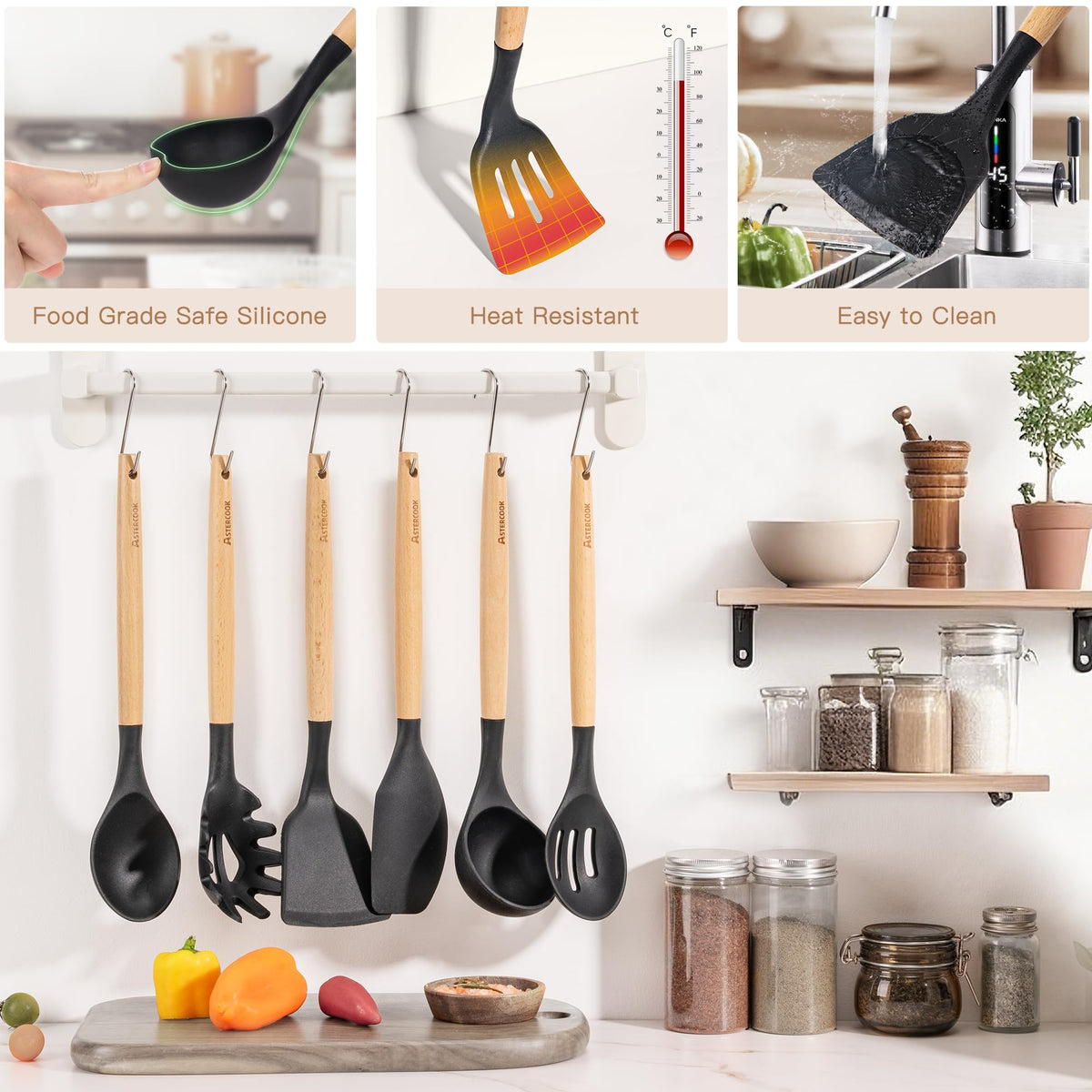 Astercook premium wooden-handled silicone tools blend durability with elegance.