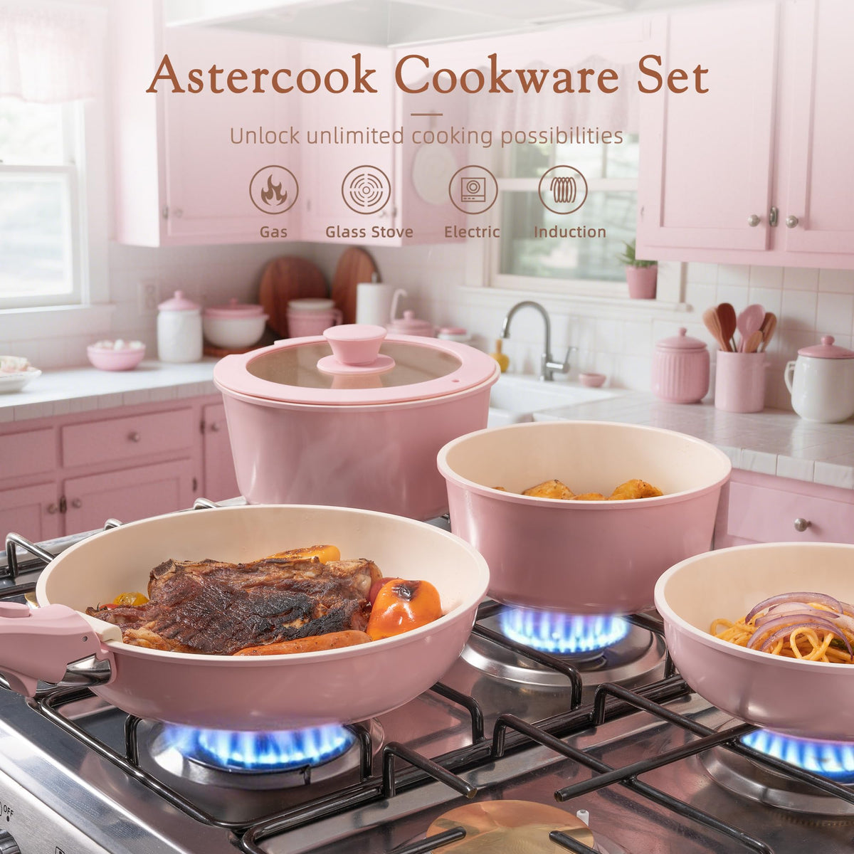 Astercook removable handle system provides secure grip during cooking and easy storage.