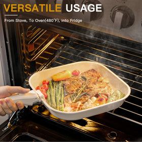 Astercook removable handle system shows secure locking for stable cooking.