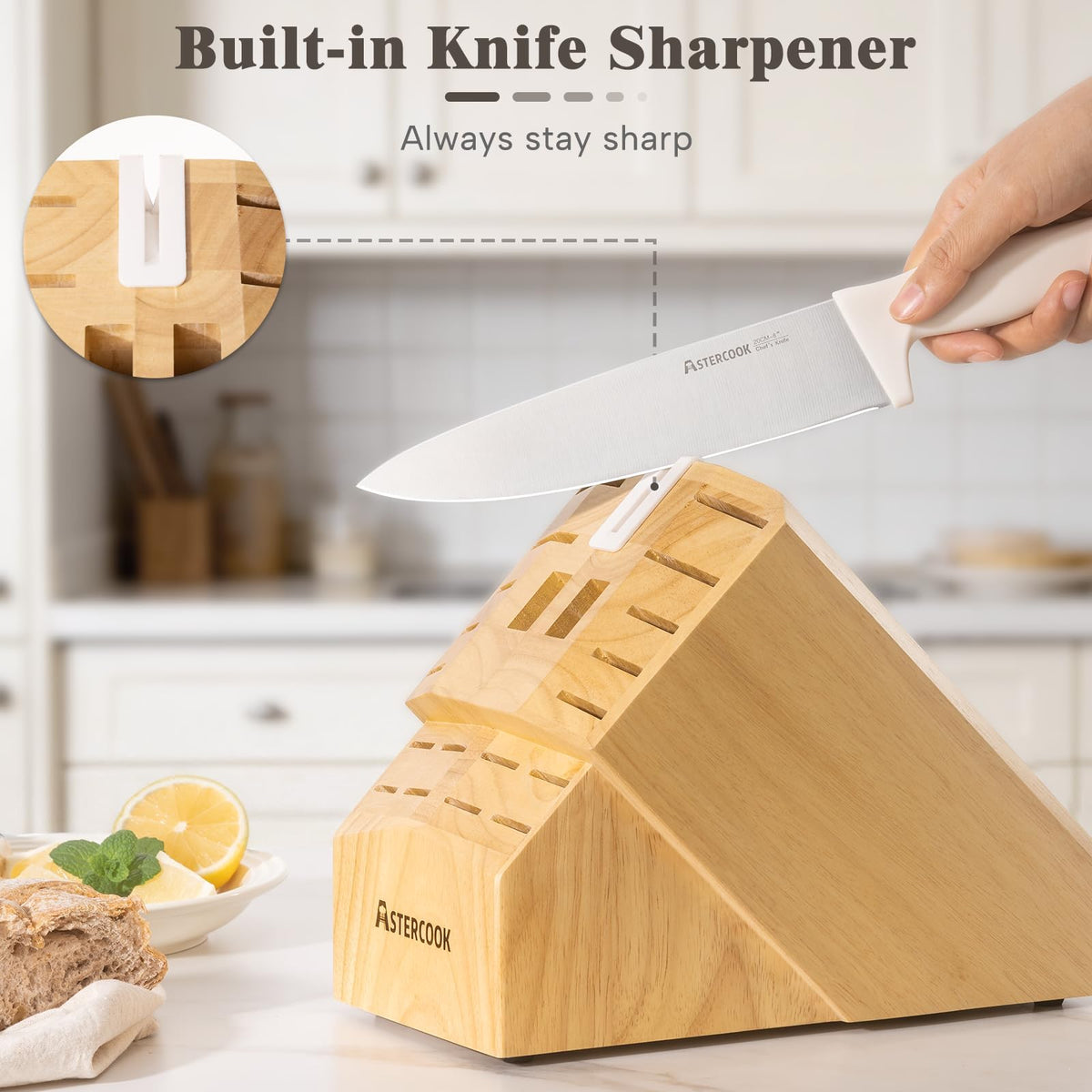 Solid rubberwood knife block with blades neatly stored by Astercook