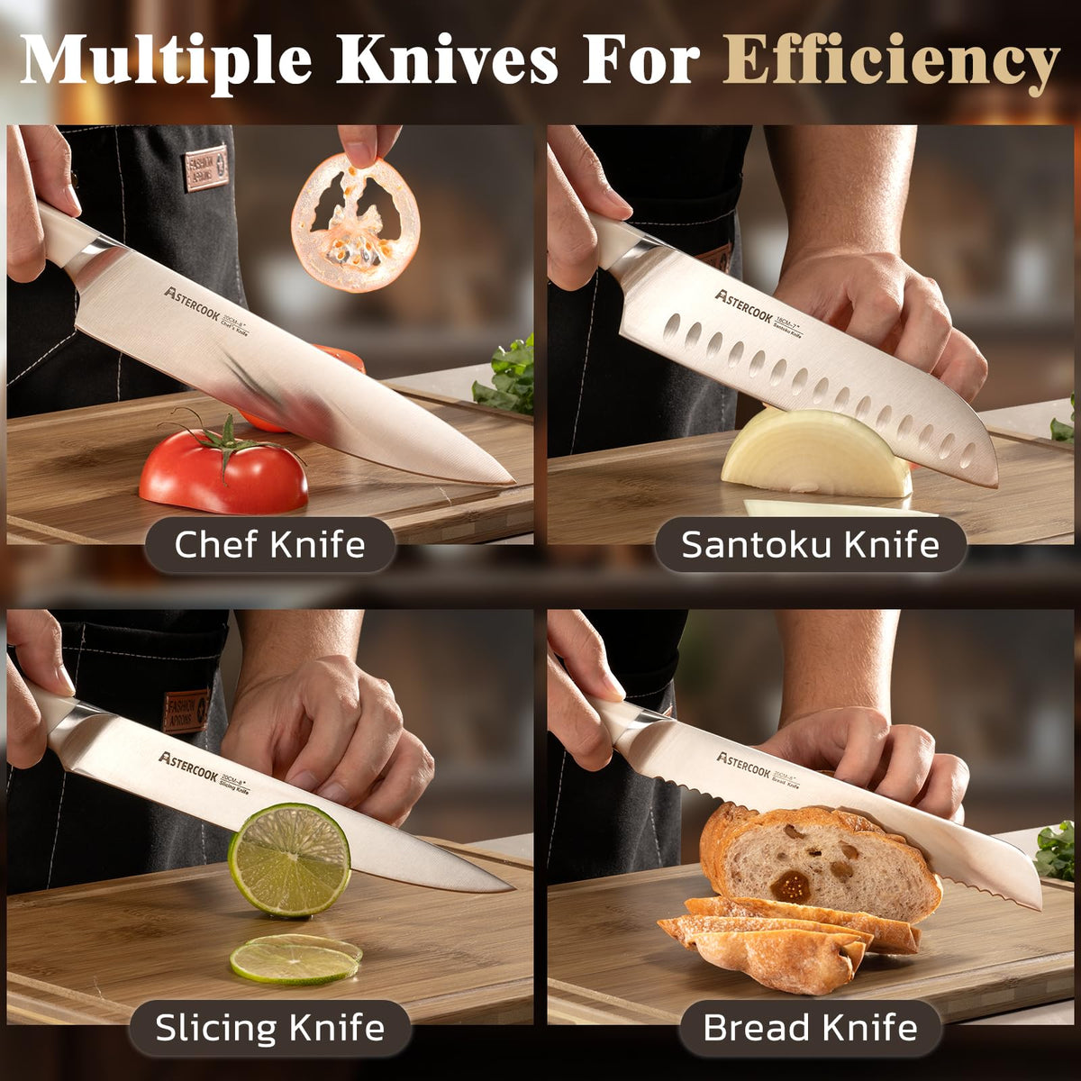 Astercook 6-piece serrated steak knives provide secure, even portions.