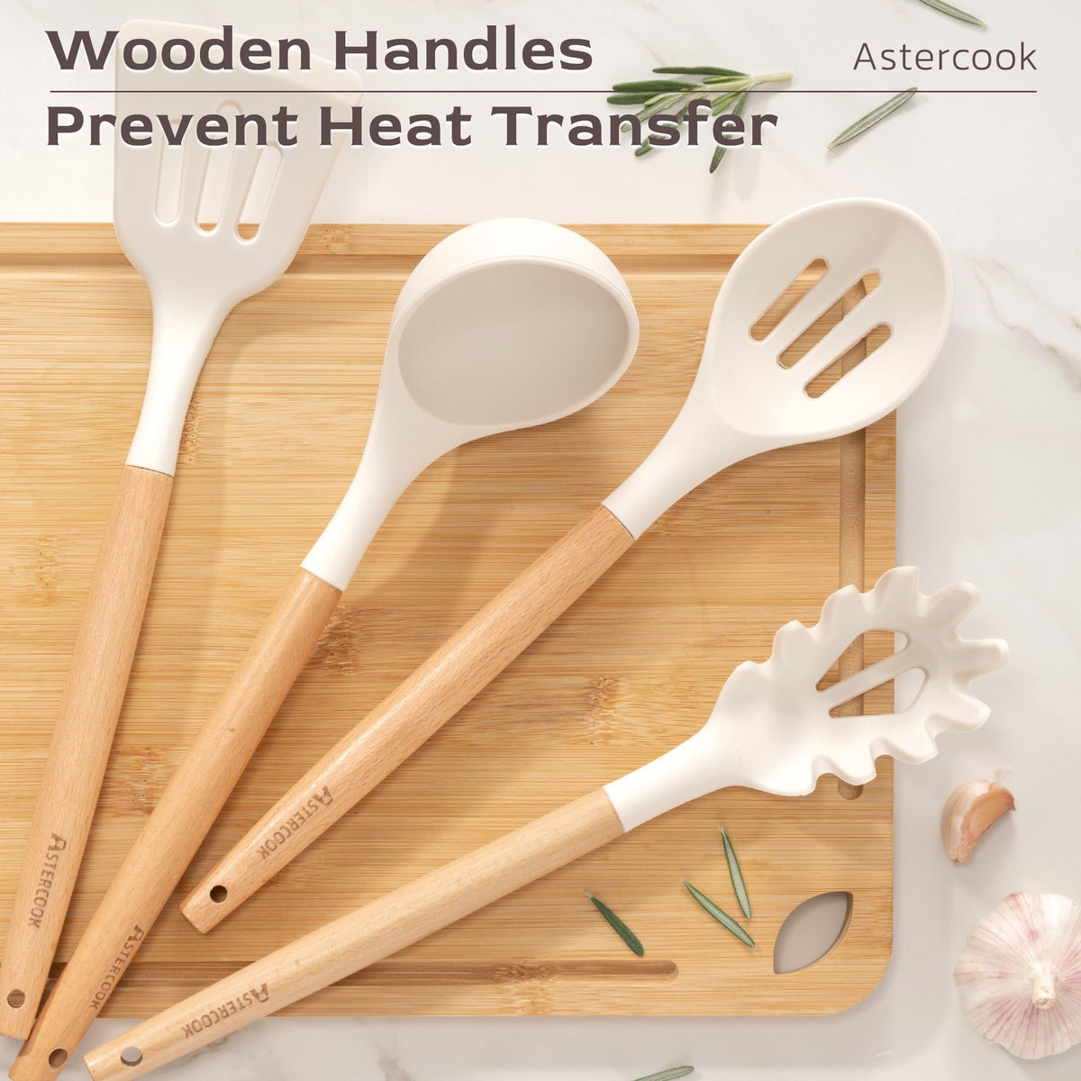 Astercook silicone serving spoon with wooden handle for sauces and servings