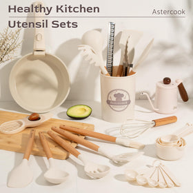 Astercook silicone turner with wooden handle protects cookware during flipping