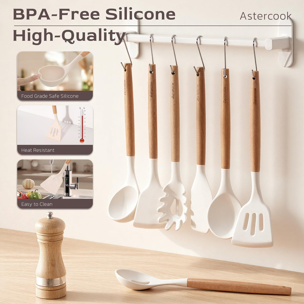 Astercook silicone whisk with wooden handle for light mixing