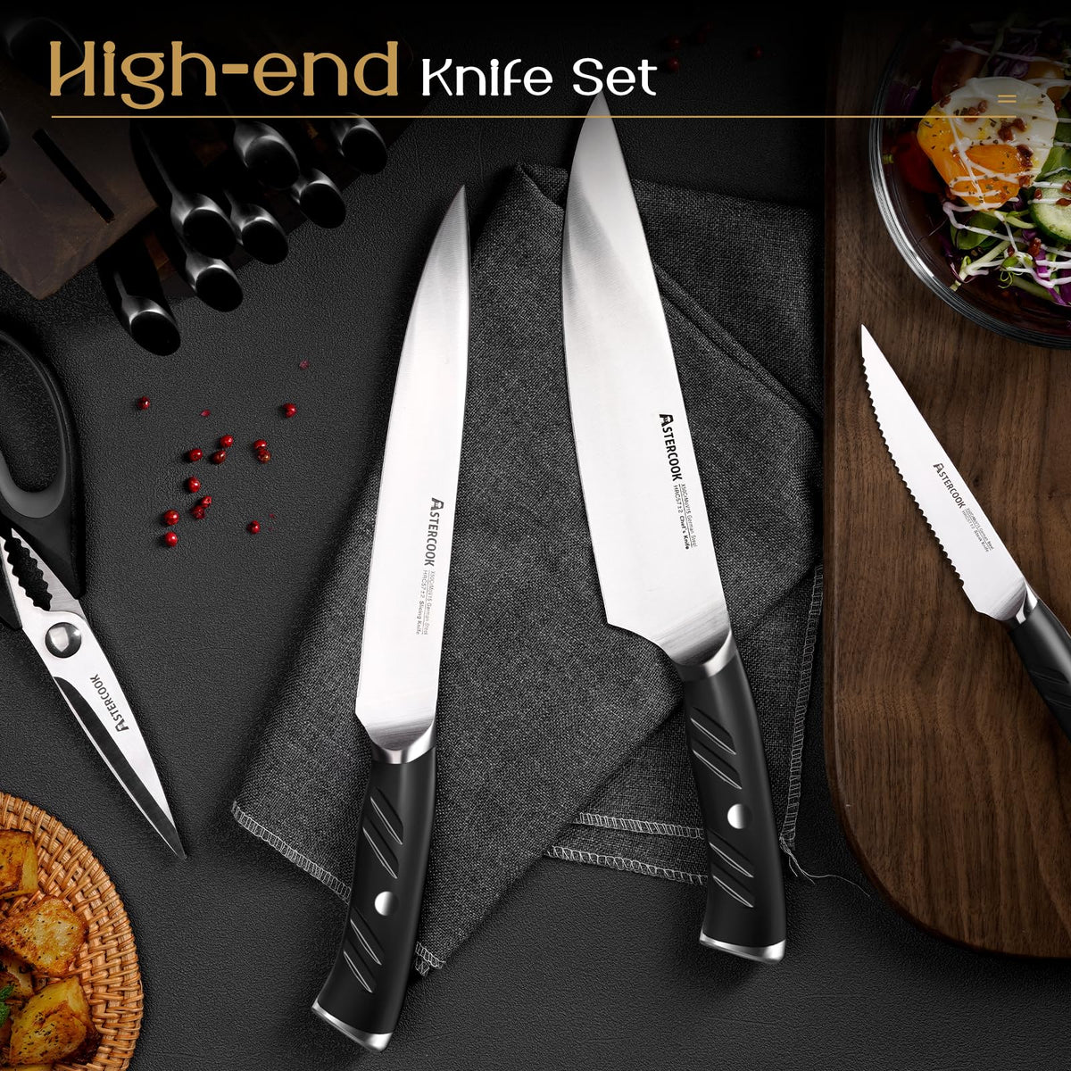 Astercook solid wood knife block with dual sharpener for organized storage.