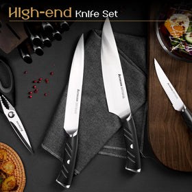 Astercook solid wood knife block with dual sharpener for organized storage.