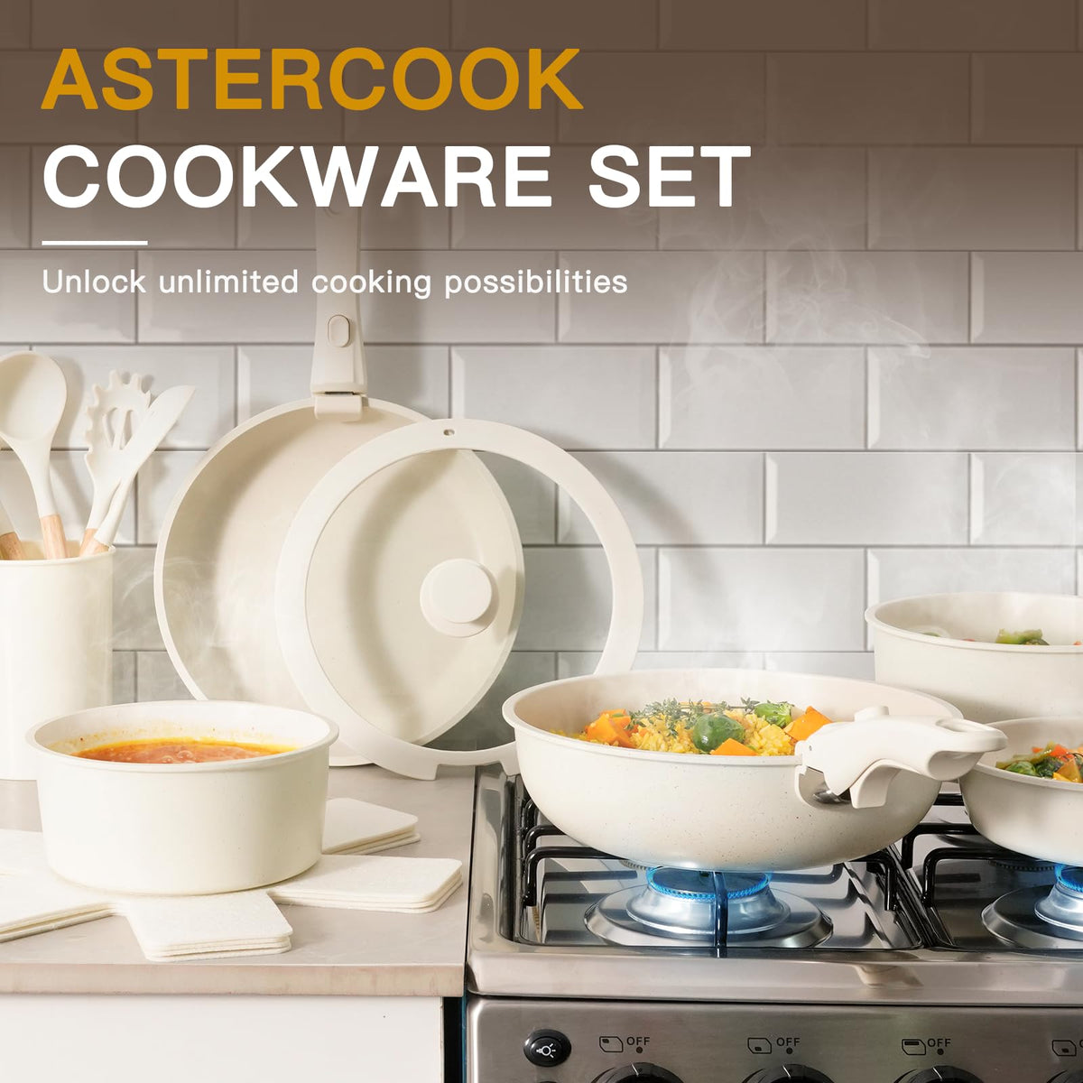 Astercook stackable design saves cabinet space and simplifies storage.