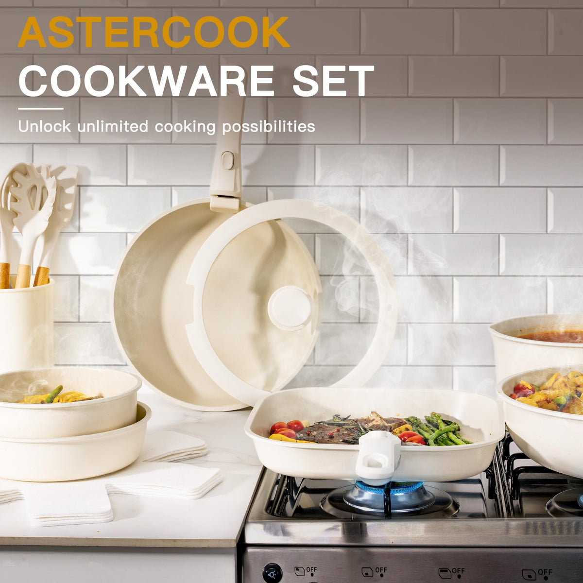 Astercook stackable pots stored neatly on a kitchen shelf.