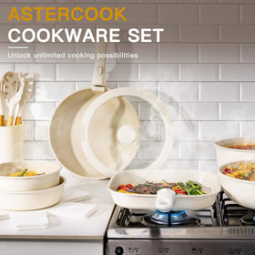 Astercook stackable pots stored neatly on a kitchen shelf.