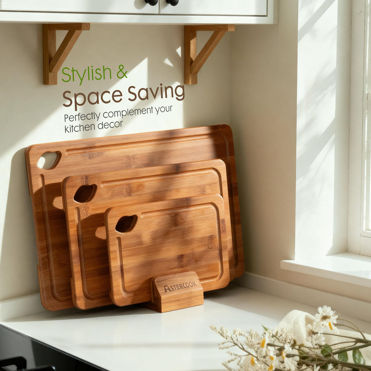 Astercook storage stand for cutting boards keeps three boards upright.
