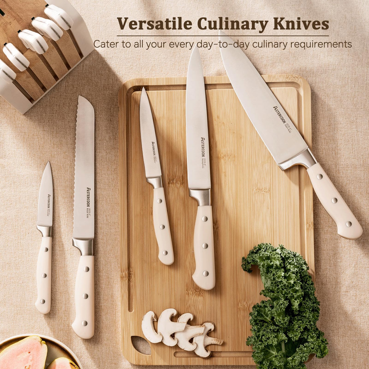 Astercook wood block with built-in sharpener for convenient upkeep.