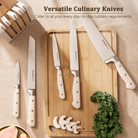 Astercook wood block with built-in sharpener for convenient upkeep.