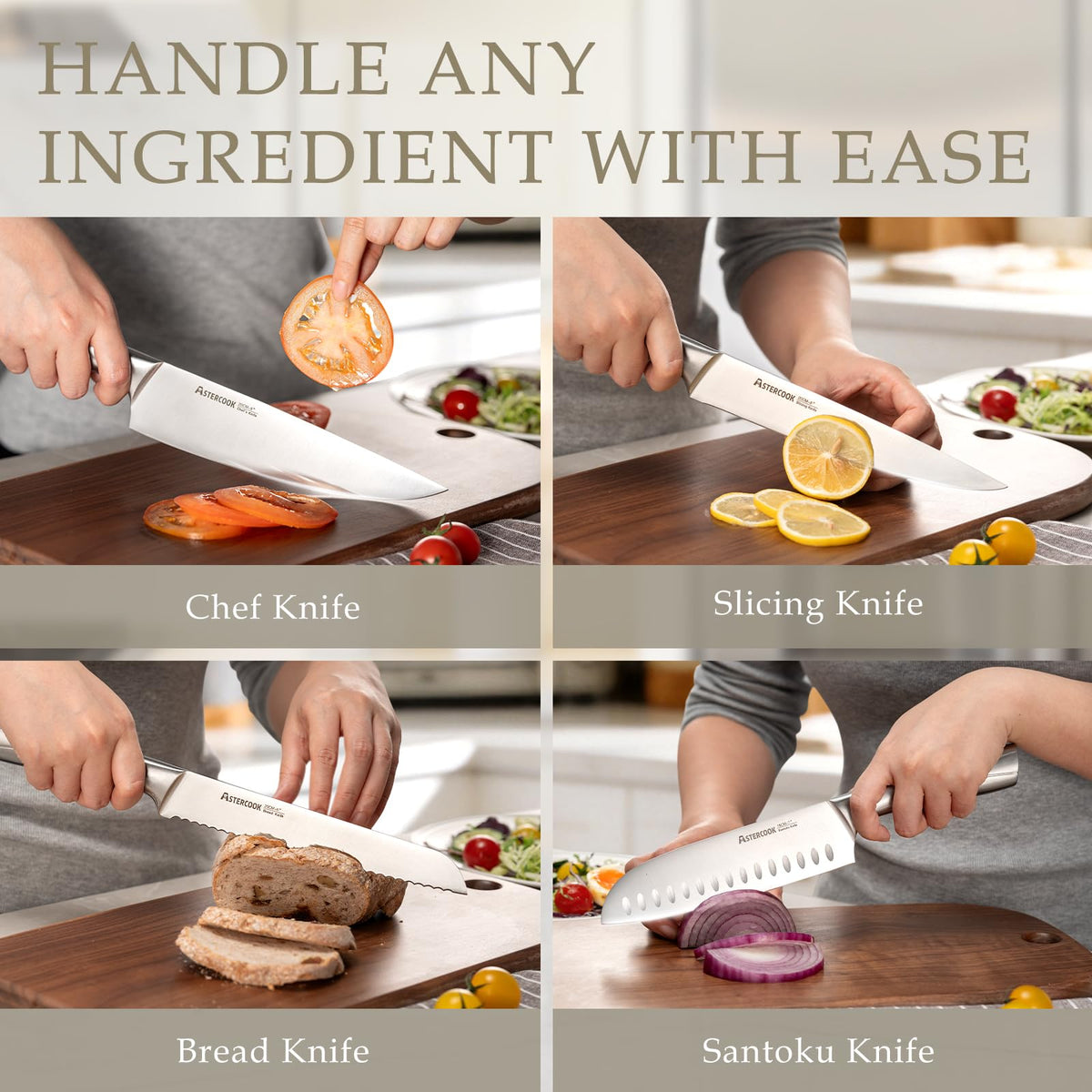Astercook wood block with dual sharpener; organized blades stay sharp.