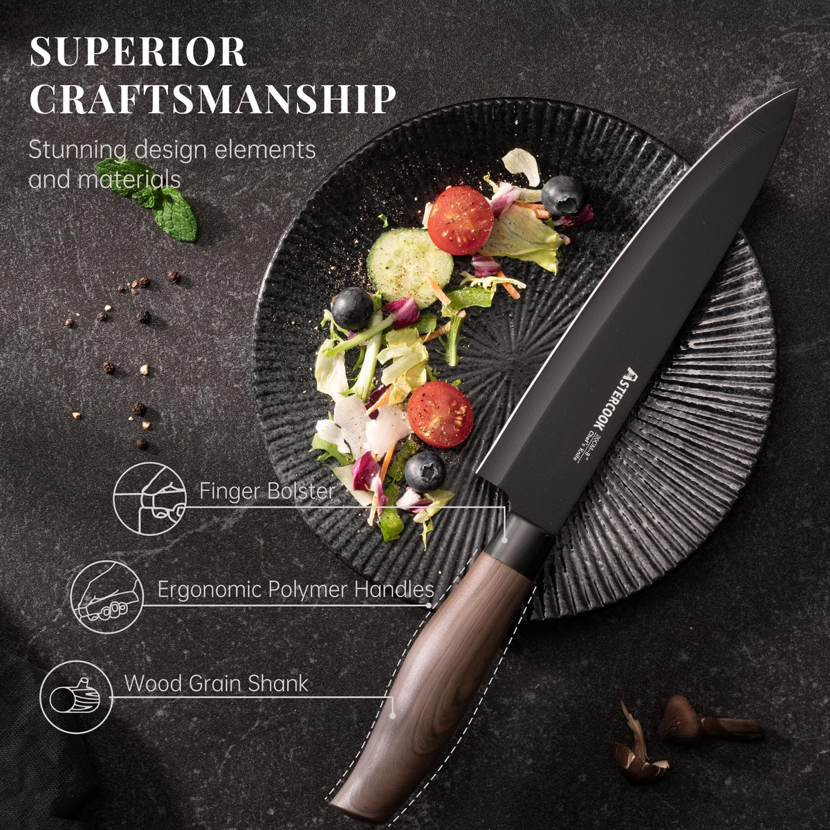 Astercook wood-grain handle closeup emphasizes comfortable grip and stylish design