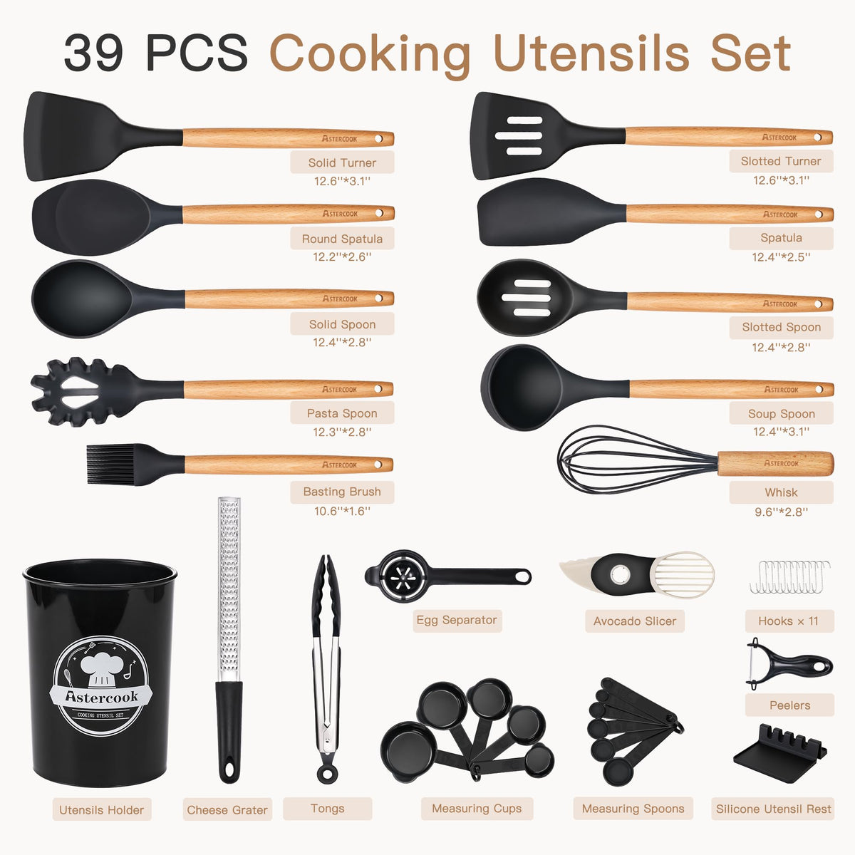 Astercook wooden-handle utensils for a comfortable grip and stylish look.