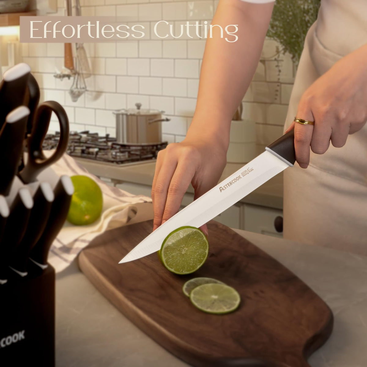 Astercook wooden knife block with built-in sharpener for organized storage