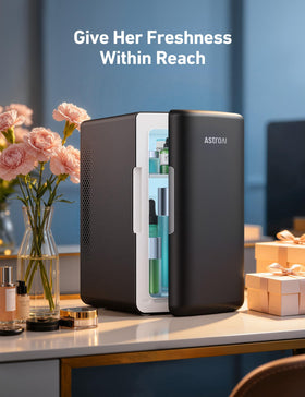 AstroAI mini fridge 6L interior config demonstrates adjustable layout for bottles and cosmetics.