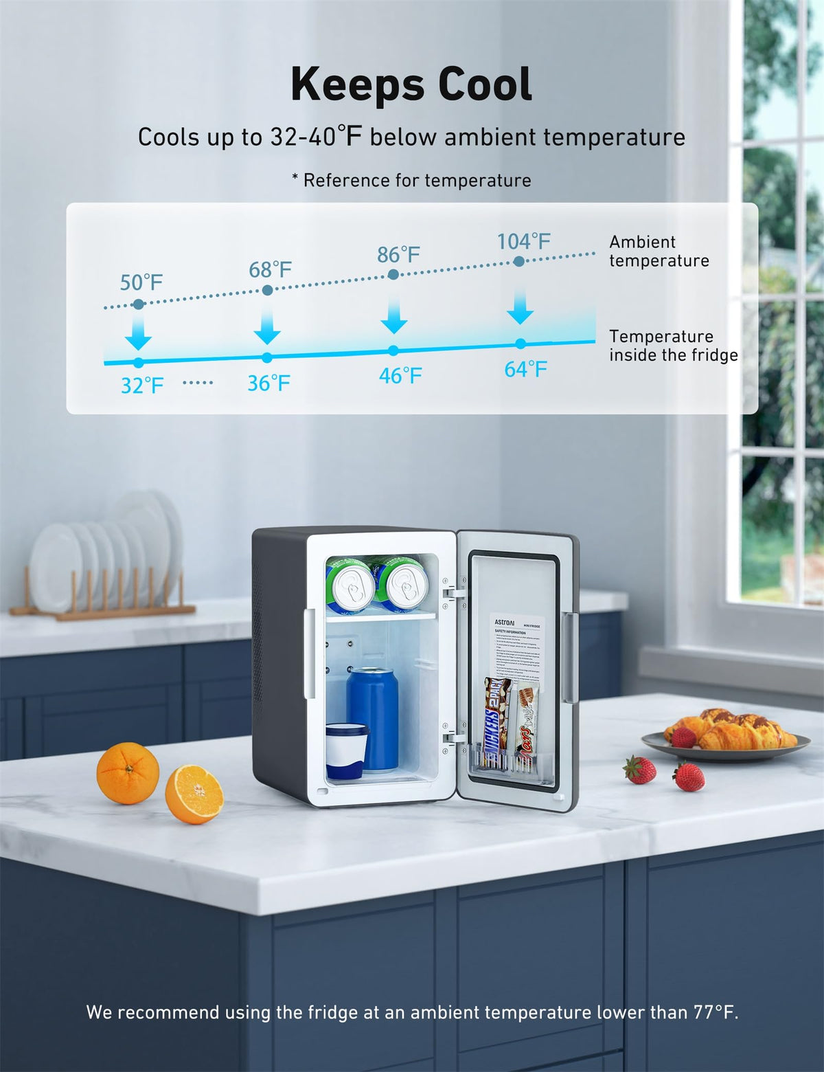 AstroAI mini fridge 6L shelf-adjustable highlights flexible storage for beverages and skincare.