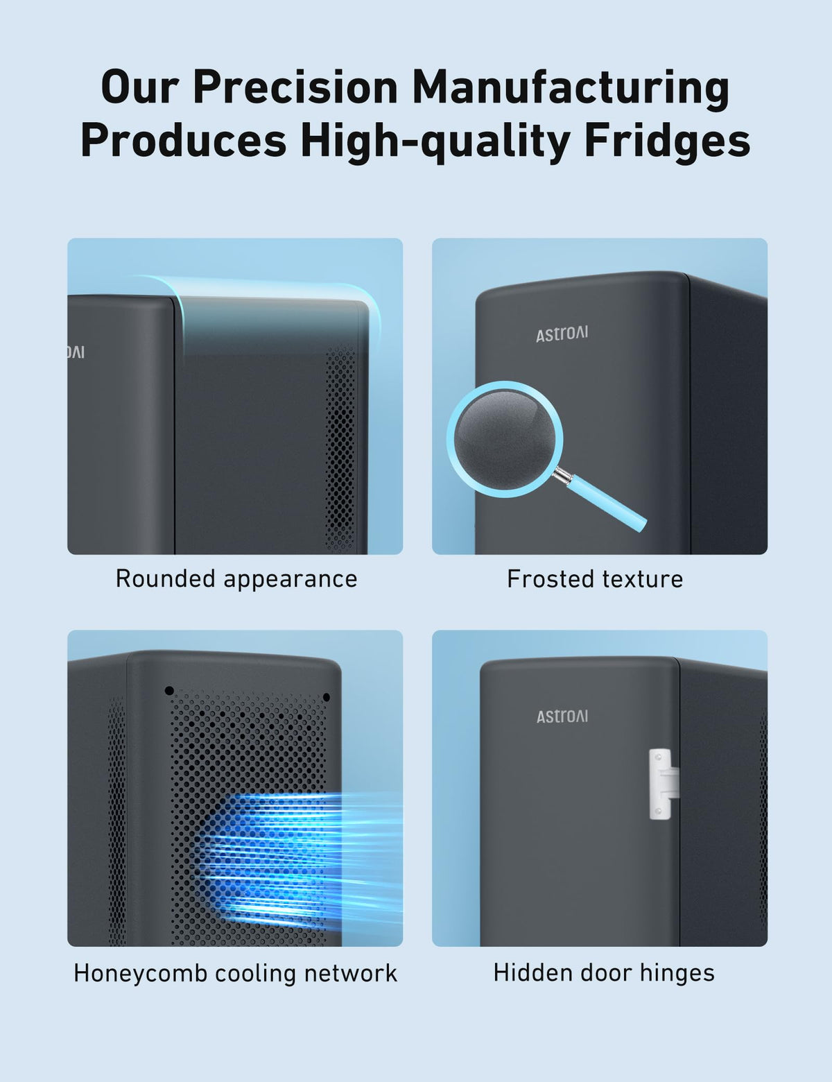 AstroAI mini fridge 6L silicone base pads prevent slipping and protect surfaces.