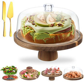 ASTROLIN Acacia wood cake stand with dome full view for elegant serving