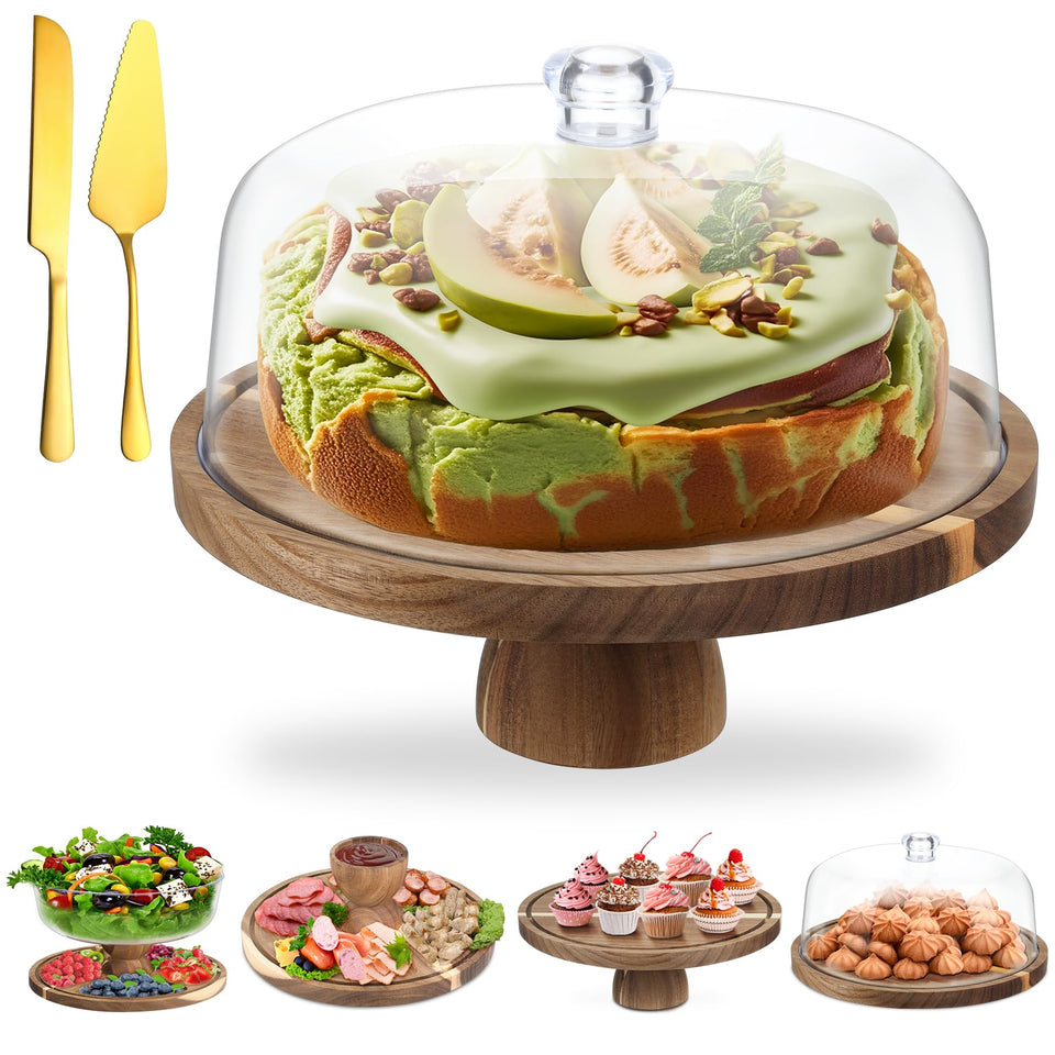 ASTROLIN Acacia wood cake stand with dome full view for elegant serving