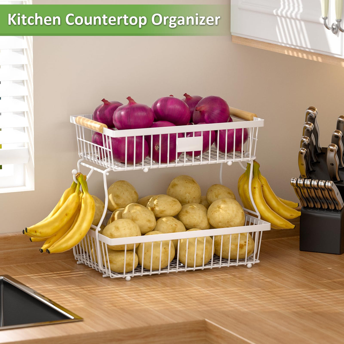 Astrorhine 2-Tier Fruit Basket with banana hangers for easy access and organized fruit display.