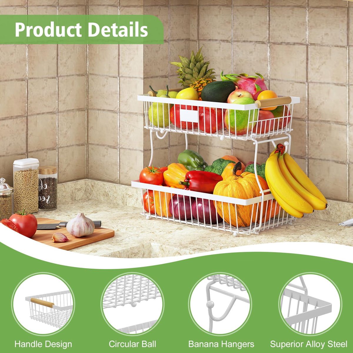 Astrorhine 2-Tier Fruit Basket metal mesh, ventilated design preserves freshness.