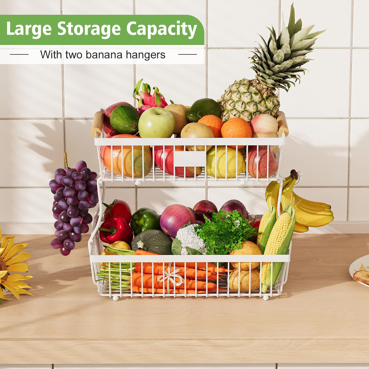 Astrorhine 2-Tier Fruit Basket side view, shows airy metal mesh for freshness.