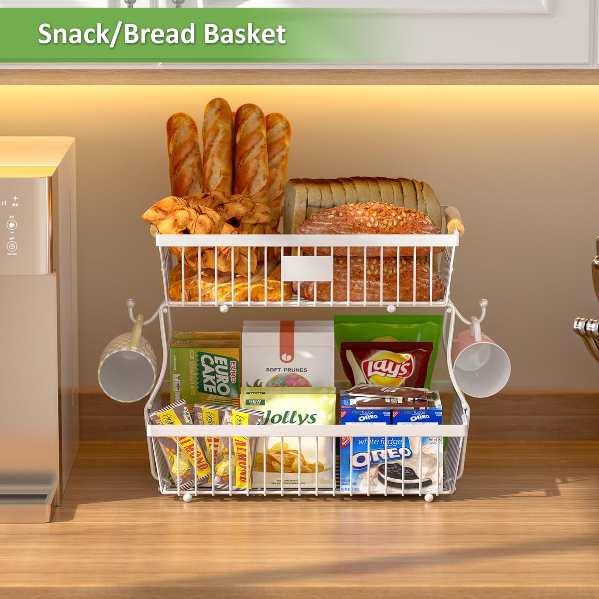Astrorhine 2-Tier Fruit Basket with wooden handle, stylish and easy to carry.