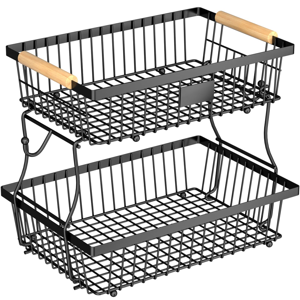 Astrorhine 2-Tier Fruit Basket on counter displaying organized produce.